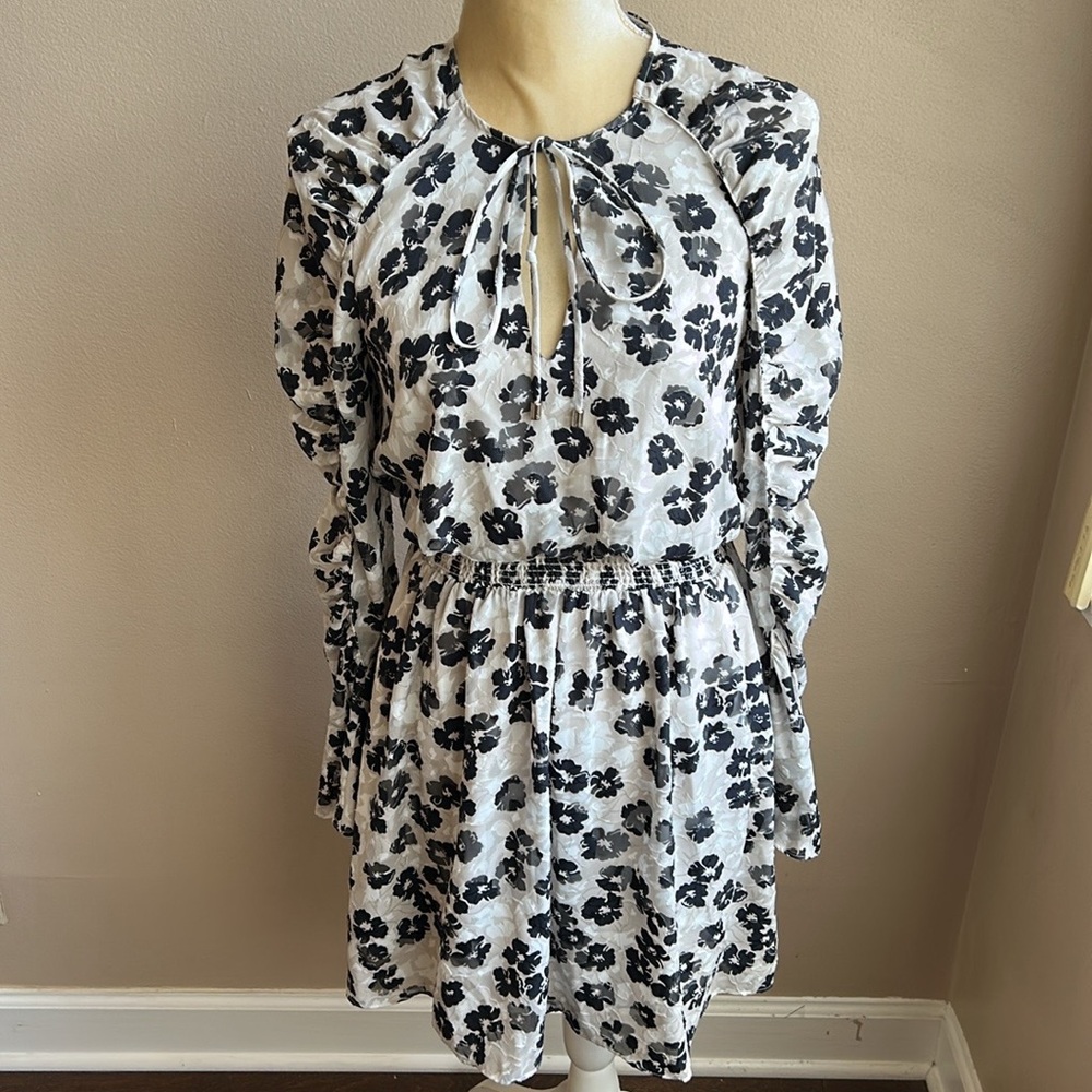 Ted Baker Womens Floral Print Dress Sz 1 Elasticized Waist Long Sleeve 3425